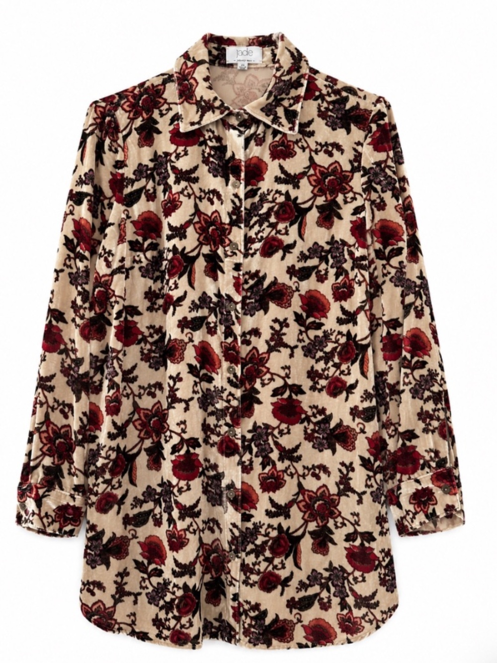 Jade By Johnny Was Tan Floral Silk Velvet Button Down Tunic Blouse Women's XS